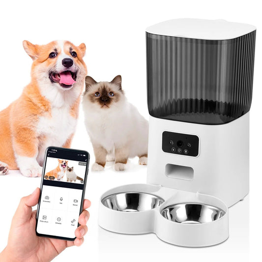 Threes Tree Automatic Cat Feeder with Camera for 2 Pets, Camera 5L Cat Feeder with 2 Stainless Steel Bowls, Remote APP Control